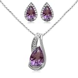 Sterling Silver Pear Amethyst Pendant Necklace and Earrings Diamond Box Set