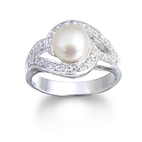 Sterling Silver Freshwater Cultured Pearl & Cubic Zirconia Swirl Ring