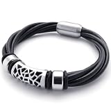 Konov Jewellery Black Braided Genuine Leather Unisex Mens Womens Bracelet, Stainless Steel Charms and Magnetic Clasp, Colour Black Silver, Length 7, 8, 9 inches