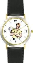 Man Tennis Player No.5 Tennis Theme - WATCHBUDDY&reg; DELUXE TWO-TONE THEME WATCH - Arabic Numbers - Black Leather Strap-Women's Size-Small