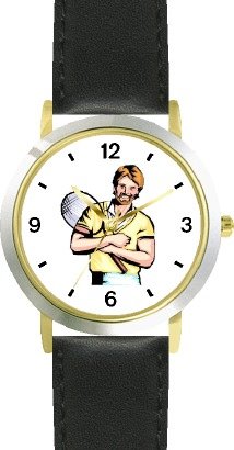 Man Tennis Player No.5 Tennis Theme - WATCHBUDDY&reg; DELUXE TWO-TONE THEME WATCH - Arabic Numbers - Black Leather Strap-Women's Size-Small