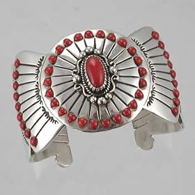 Sterling Silver and Coral Cuff Bracelet by Navajo Artist Alvin Vanderver,... by Taos Trading Bracelets