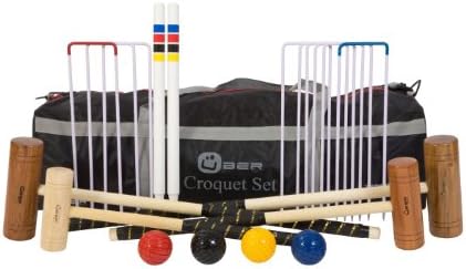 Family Croquet Set, 4 Player (9 Hoop Version) - (4) Wooden Mallets, Various Lengths (24", 28", 34" and 38")