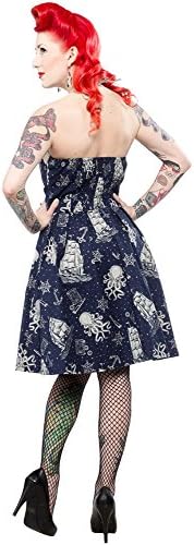 Rockabilly Pinup Toilers of the Sea Octopus and Ship Vintage Print Blue Dress (S)