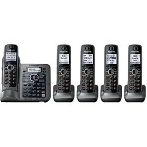  Panasonic KX-TG7645M DECT 6.0 Link-to-Cell via Bluetooth Cordless Phone with Anwering System, Metallic Gray, 5 Handsets 