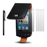 SAMSUNG 8530 WAVE II HANDY TASCHE LEDER TASCHE CASE HUELLE IN SCHWARZ + 6 x DISPLAYSCHUTZFOLIE + STYLUS STIFTvon "QUBITS"