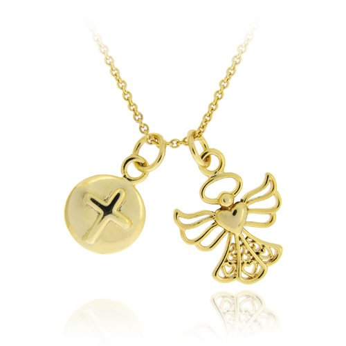 18K Gold over Sterling Silver Cross and Angel Religious Charm Pendants