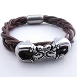 Konov Jewellery Brown Braided Genuine Leather Unisex Mens Bracelet, Stainless Steel Charm and Clasp, Colour Brown Silver, Length 8, 8.5, 9