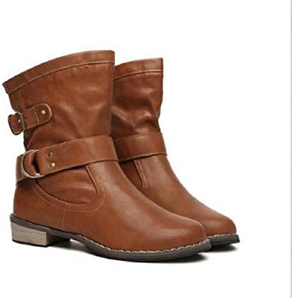 Shoplomofamily women Boots female spring and autumn fashion artificial martin boots flat vintage buckle motorcycle boots brown color , size EURO 38
