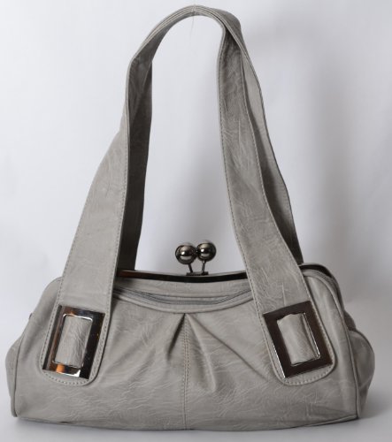 Designer Inspired Handbag with 3 Compartments - 2 Zipper Closure and 1 Kiss Lock Closure - Lt Gray