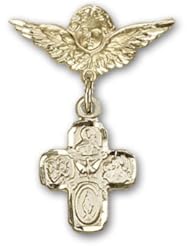 Gold Filled Baby Badge with 4-Way Charm and Angel w/Wings Badge Pin