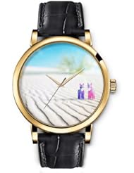 SPRAWL Aanalog Fashion Series Gold Ladies Watches of Genuine Black Leather Strap,Unique Wrist Watch for Women Girls Designed with Cute horses on sand