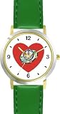 Red Heart - Peace Sign & Flowers - Love & Friendship Theme - WATCHBUDDY&reg; DELUXE TWO-TONE THEME WATCH - Arabic Numbers - Green Leather Strap-Children's Size-Small ( Boy's Size & Girl's Size )