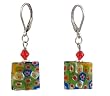 Earrings - E319 - Millefiore Squares and Swarovski (tm) Crystal Beads ~ Blue-Green Multi Flowers