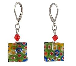 Earrings - E319 - Millefiore Squares and Swarovski (tm) Crystal Beads ~ Blue-Green Multi Flowers