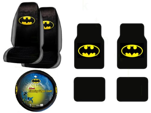  A Set of 4 Universal Fit Batman Plush Carpet Floor Mats and 1 Comfort Grip Steering Wheel Cover and A Set of 2 Universal Fit Seat Covers