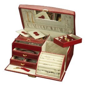 Mele 0013325 'Firenze' Leather Train Case Style Jewelry Box in Burgundy