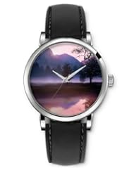 SPRAWL Aanalog Fashion Series Silver Ladies Watches of Genuine Black Leather Strap,Unique Wrist Watch for Women Girls Designed with Pines at sunset