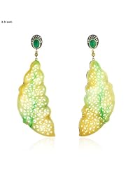 New Year 18kt Yellow Gold Diamond Pave Emerald & Jade Carved Dangle Earrings Jewelry