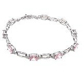 Sterling Silver Rhodium Plated Bracelet w/ Oval Shape CZ Stones, Pink