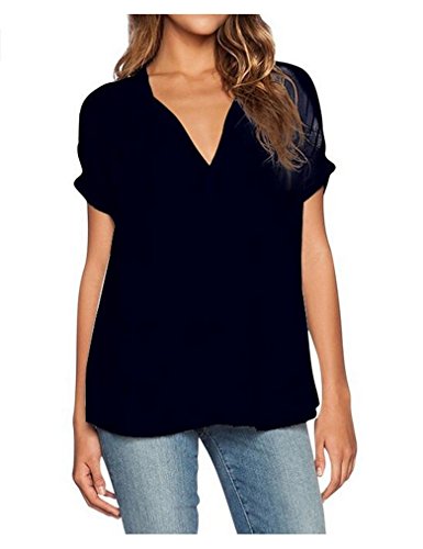 OURS Women Deep V Neck Chiffon Casual Blouse Tops Shirt (L, Black)