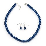 Navy Blue Glass Bead Necklace & Drop Earring Set In Silver Metal - 38cm Length/ 4cm Extension
