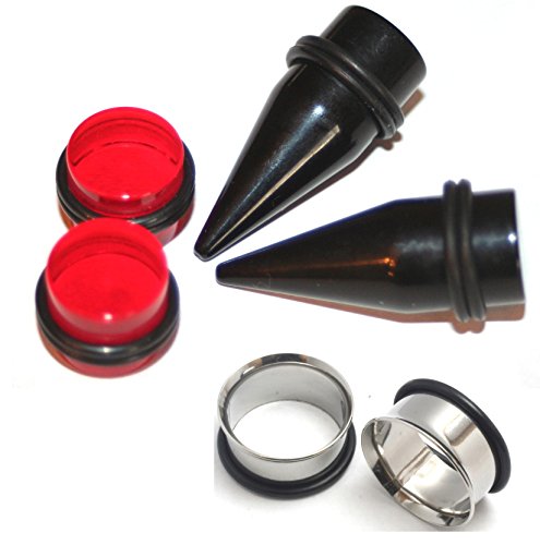 3 Pairs of Black Tapers and Red Plugs Steel Tunnels Ear Stretching Kit Gauges Gauging Plugs 1/2 9/16 5/8 3/4 7/8 1 inch