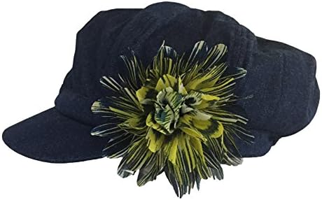 Ladies Denim Jean Hat Cap with Big Chiffon Yellow Green Flower