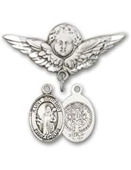 Sterling Silver Baby Badge with St. Benedict Charm and Angel with Wings Badge Pin