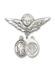 Sterling Silver Baby Badge with St. Benedict Charm and Angel w/Wings Badge Pin