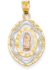 14k Two Tone Gold Rose with Rhodium D/C Oval Guadalupe Medal Charm