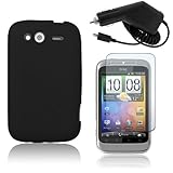 HTC Wildfire S - Black Soft Silicone Skin + Car Charger + Clear Screen Prot ....