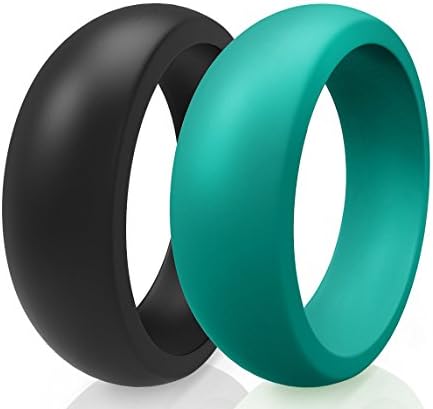 Premium Men Silicone Wedding Ring (Wedding Band) - Black &amp; Teal Size 11 (2 Rings Pack)