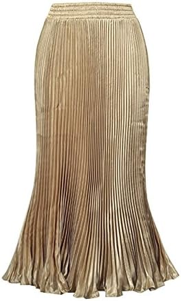 Bohemian pleated maxi skirts womens summer solid color high waist chiffon long skirt tutu elegant ladies (Gold)