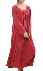Long Sleeves Round Neck Linen Ruched  Dress