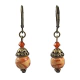Earrings - E378 - Hand Painted Wood Bead and Swarovski (tm) Crystal Beads - Antique Gold Tone
