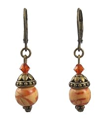 Earrings - E378 - Hand Painted Wood Bead and Swarovski (tm) Crystal Beads - Antique Gold Tone