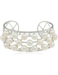 Sterling Silver 8.0-8.5mm Freshwater Cultured Pearl and Cubic Zirconia Cuff Bangle Bracelet, 7"