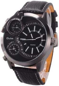 OULM 3136 Oversize 3 Time Zone 3 Core Genuine Leather Men's Wrist Watch - Black