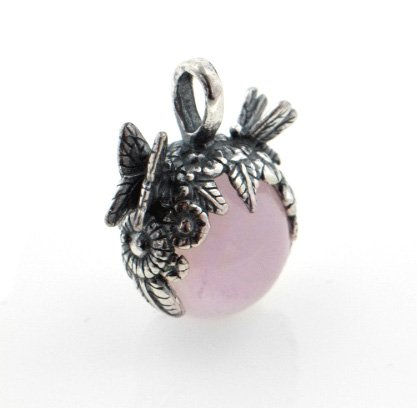 Flower Garden Sterling Silver Dragonfly and Butterfly on Pink Rose Quartz Pendant