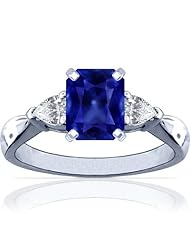 18K White Gold Emerald Cut Blue Sapphire Three Stone Ring