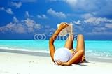 IMAGE OF Wallmonkeys Peel and Stick Wall Decals - Young Women Is Reading on the Coral Beach - 18