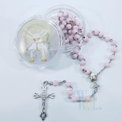Men or Womens Catholic Religious First Holy Communion Pink Rosary with Box. This Lovely First Communion Rosary Comes Scented with the Sweet Smell of Roses. * Traditional Chalice &amp; Host Centerpiece. * This Beautiful Communion Scented Rosary Comes in Its Own Matching Gift Box. * 6mm Wooden Bead, 19 1/2 Inch in Length.