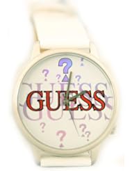 Guess Womens Reflective Red LOGO Stainless Steel Case Shiny White Leather Strap Watch W60002L1