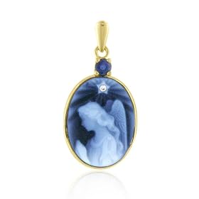Blue Sapphire & Diamond Accented Agate Angel Cameo Pendant in 14K Yellow Gold (September Birthstone)