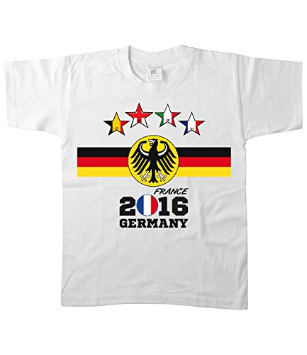 Artdiktat – EM 2016 Vier Sterne Deutschland Fan T- Shirt für Damen Herren Kinder und Babys – Trikot Ersatz – inkl. Wunschname und Nummer EM 2016 Vier Sterne Frankreich Kinder Größe 122/128, weiß