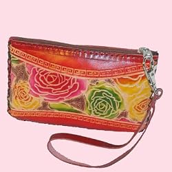Genuine Leather Wristlet Change Purse, Colorful Flowers Embossed, Joyful Design -3