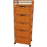 Oriental Furniture Inexpensive, Low Price High Quality Tall Nightstand, 46-Inch Natural Fiber Chest of Drawers on Wheels, Honey