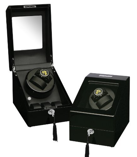 Black Wood Finish 2 Watch Winder With 3 Additional Watch Storage Spaces, One Turntable With 4 Program Settings.