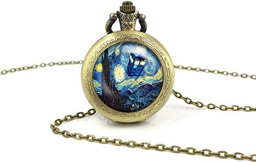Doctor Who Pocket Watch Necklace, Tardis Doctor Who Starry Night Van Gogh Pendant Jewelry